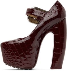 Croc-embossed patent calfskin heels in red. · Adjustable pin-buckle strap at ankle · Logo-embossed buffed leather footbed · Grained lambskin lining · Covered platform midsole · Leather outsole with rubber injections · SIlver-tone hardware · Platform: H2.75 in · Heel: H6 in Supplier color: Cherry Luxury Red Heels With Buckle Closure, Bottega Veneta, High Heel Shoes, Heeled Mules, Mule Shoe, Calf Skin, Silver Tone, High Heels, Cherry