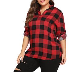 Women Big Size Long Sleeve Check Plaid Shirt Button Down Blouse Tops - Valentine Red - 4L74056314 - Women's Clothing, Women's Tops & T-Shirts, Blouses & Shirts  #BlousesShirts #Women's #Clothing # #Women's #Tops #& #TShirts # #Blouses #& #Shirts Geometric Cardigan, Blue Striped Top, Cheap Blouses, Half Sleeve Blouse, Blouse Tops, Plaid Fashion, Button Down Blouse, Shirt Button, Long Blouse