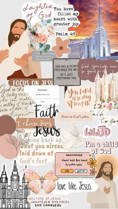 a collage of images with the words faith, jesus and other things in them