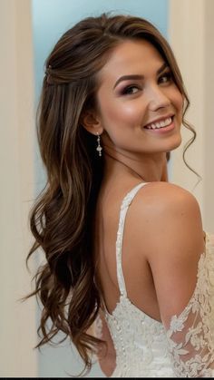 Simple Wavy Bridal Hair, Down Long Hair Wedding Styles, Bridal Hair For Medium Length Half Up, Bride Hair Down Tucked Behind Ears, Down Side Hairstyles Wedding, Wedding Hair For Bridesmaids Updo, Bridesmaid Hair Curls Down, Medium Length Wedding Hairstyles Down, Long Wedding Hairstyles Half Up