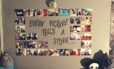 there is a stuffed animal next to a wall with pictures on it and the words every picture tells a story