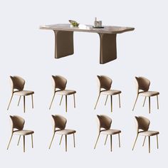 a set of six chairs and a table with a wine bottle on it, all in different shapes and sizes