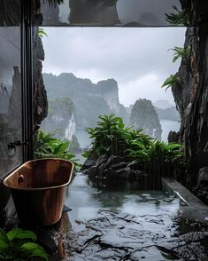 a bath tub sitting in the middle of a lush green forest next to a mountain