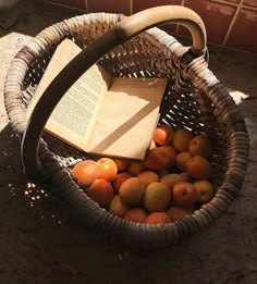 a basket filled with apples and an open book