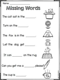 missing words worksheet for kids with pictures on the front and back pages, which include