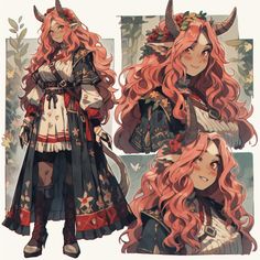 an anime character with long red hair and horns