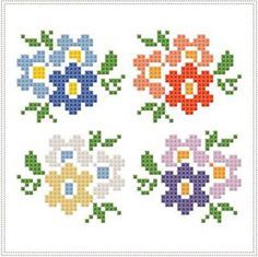 four cross stitch flowers on a white background