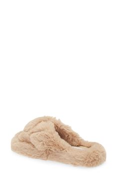 Plush faux fur straps and a footbed envelop your feet in comfort, allowing you to lounge in style. Polyester faux fur upper and lining/rubber sole Imported Comfy Faux Fur Slippers Super Soft, Comfy Super Soft Faux Fur Slippers, Casual Soft Faux Fur Slippers, Cozy Faux Fur Slippers With Cushioned Footbed, Casual Faux Fur Slippers With Plush Lining, Brown Faux Fur Casual Slippers, Brown Casual Faux Fur Slippers, Casual Faux Fur Lined Slippers, Casual Brown Faux Fur Slippers