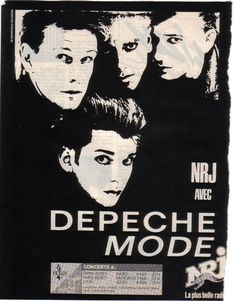 an advertisement for the movie depeche mode, featuring three young men in black and white