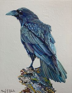 a painting of a blue bird sitting on top of a pile of junk in front of a white wall