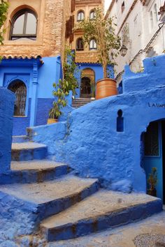 blue buildings with steps leading up to them