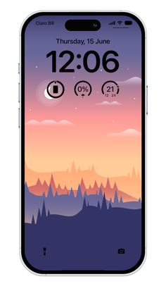 an iphone with the time displayed on it's screen and mountains in the background