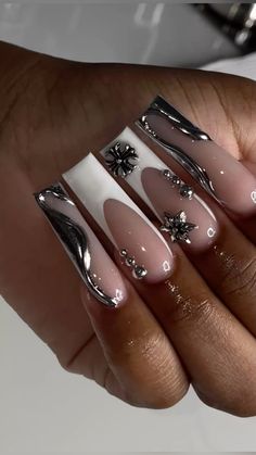 Long Silver Chrome Nails, White French And Silver Nails, White Nails With Silver French Tips, Classy Gray Nails, Hoco Nails Chrome, Chrome Nails With White French Tips, Silver And Chrome Nails, White Nails With Designs Black Women, Silver Chrome Acrylics