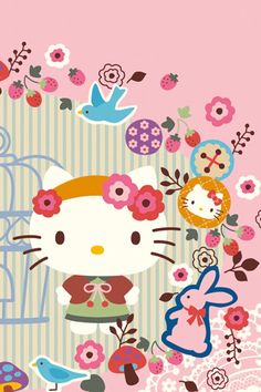 a hello kitty wallpaper with flowers and birds on the bottom right hand corner is an image of a cat surrounded by other cartoon characters