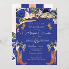 a wedding card with blue roses and cowboy boots