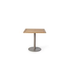 a square wooden table with metal base on an isolated white background for use in commercial projects