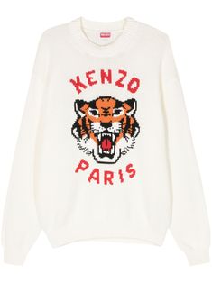 beige/multicolour cotton blend fisherman's knit signature Tiger motif to the front intarsia-knit logo ribbed trim round neck drop shoulder long sleeves straight hem unlined When buying this unisex item, keep in mind that it is graded in standard men's sizing. Paris Sweater, Lucky Tiger, Kenzo Sweater, Trench Beige, Kenzo Clothing, Kenzo Paris, Tiger Logo, Cotton Jumper, Kenzo Kids