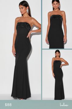 The Lulus Brilliantly Bold Black Strapless Mermaid Maxi Dress is an easy way to make sure you get noticed! Sleek woven fabric shapes this stunning dress that has a straight neckline (with no-slip strips) with a sheer organza flounce and a strapless, princess-seamed bodice with supportive boning at the sides. A high waist tops a figure-skimming mermaid maxi skirt. Hidden back zipper/clasp. Fit: This garment fits true to size. Length: Floor length. Size medium measures 62" from top to bottom. Bust Elegant Strapless Mermaid Dress For Evening, Strapless Mermaid Dress For Gala, Strapless Dress With Straight Neckline For Prom, Strapless Mermaid Dress With Fitted Bodice For Evening, Elegant Strapless Mermaid Party Dress, Glamorous Strapless Mermaid Evening Dress, Strapless Mermaid Dress For Evening, Elegant Strapless Mermaid Dress For Night Out, Fitted Strapless Dress With Straight Neckline For Gala