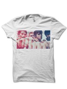 a white t - shirt with the image of three men in different poses on it