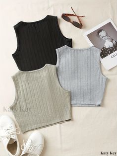 Katykey - Tri-Pack Assorted Color Sleeveless Tank Tops: Stylish and Versatile Womens Clothing Trendy Gray Sleeveless Tank Top, Gray Stretch Sleeveless Top, Gray Sleeveless Crop Top For Summer, Casual Sleeveless Gray Crop Top, Casual Gray Sleeveless Crop Top, Tops Stylish, Sleeveless Tank Top, Sleeveless Tank, Polyester Material