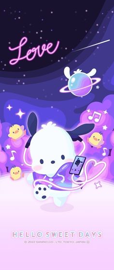 a cartoon character holding a cell phone in front of a purple background with the words love