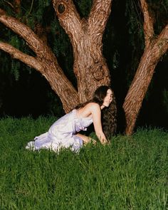 a woman sitting in the grass next to a tree