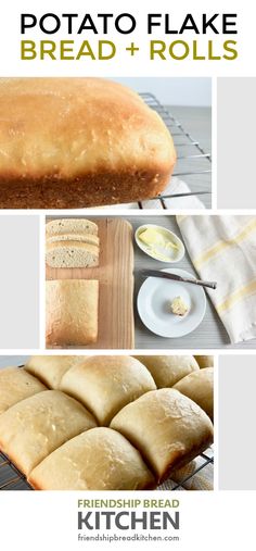 bread and rolls with text overlay that says potato flake bread and rolls