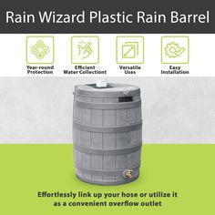 the rain wizard plastic rain barrel is shown with instructions on how to use it and how to use it