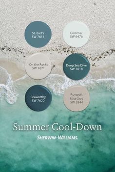 the color scheme for summer cool - down is shown in shades of blue, green and white