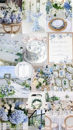 blue and white wedding theme collage with flowers, plates, napkins, cake