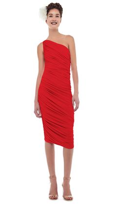 DIANA DRESS TO KNEE – Tiger Red – Norma Kamali Stretch Draped One-shoulder Dress For Night Out, Stretch Draped One Shoulder Dress For Night Out, Chic Stretch Draped One Shoulder Dress, Chic Draped One-shoulder Stretch Dress, Stretch One Shoulder Draped Evening Dress, Stretch Draped One Shoulder Evening Dress, Evening Stretch Draped One Shoulder Dress, Draped One Shoulder Evening Dress With Stretch, Ruched One Shoulder Dress With Asymmetrical Hem