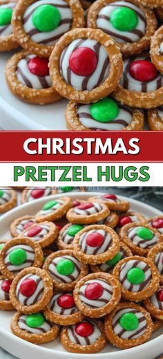 christmas pretzel hugs on a platter with the title overlay above it