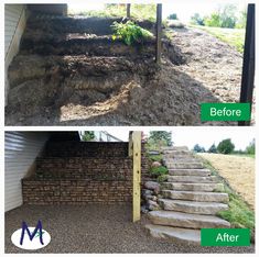 before and after pictures of a retaining wall with stone steps leading up to the house