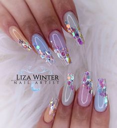 Liza Winter Nails, Glitzy Nails, Crystals Decorations, Bling Nail Art, Luminous Nails, Peach Sorbet, Purple Nail Art, Purple Acrylic Nails