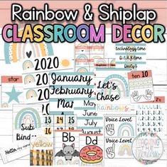 the rainbow and shiplap classroom decor calendar is shown in front of a pink background