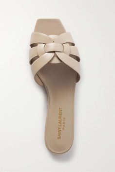 SAINT LAURENT Tribute woven leather slides Ysl Slides, Ysl Tribute Sandals, Jazz Outfit, 2024 Sandals, Barbara Martelo, Hermes Sandals, Taupe Sandals, Dressy Boots, Lady Clothes