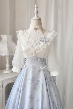 Iris Dream White and Purple Floral Print Halter Neck Long Sleeves Lolita OP Day Dresses Formal, Coquette Long Sleeve Dress, Blue And White China Pattern Dress, Princess Core Outfit Casual, Clothes Dress, Princess Fashion, Dresses Cute, Dress Idea, Pretty Dress