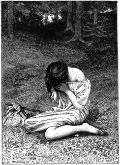 a black and white drawing of a woman sitting on the ground with her head in her hands