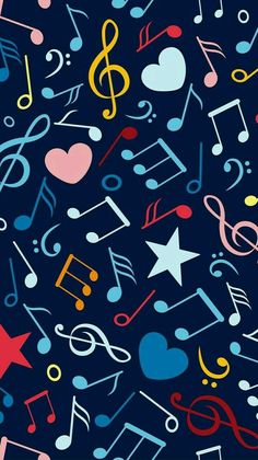 colorful music notes and stars on a dark blue background seamless wallpaper with musical symbols