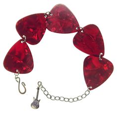 a red bracelet with five guitar picks attached to it's sides and a hook