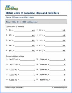 the worksheet for measuring units of capacity and millies is shown in blue