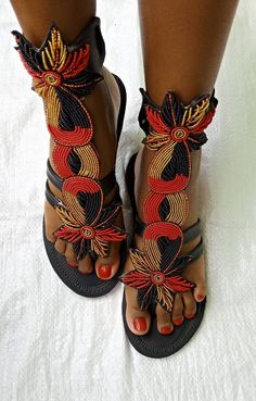 African beaded gladiator shoe Very beautiful and unique too. Fully handmade. Colored gladiators Red, gold and black gladiators. Ships via DHL Express Bohemian Shoes, Summer Sandals Flat