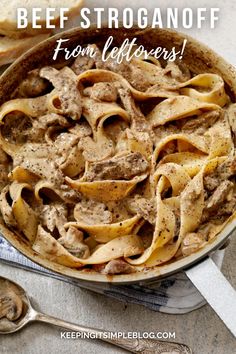 beef stroganoni from leftovers in a skillet with bread on the side