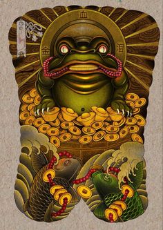 a frog sitting on top of a pile of gold coins in front of a painting