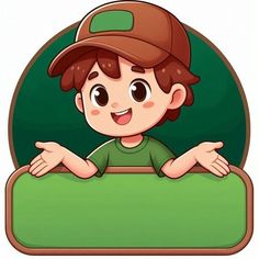 a boy in a baseball cap with his hands on the edge of a green sign