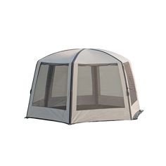 a tent that is set up on top of a white floor with the door open