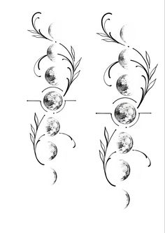 three phases of the moon in black and white with leaves on each side, as well as