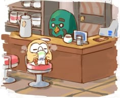 an angry bird sitting on top of a chair in front of a counter with food