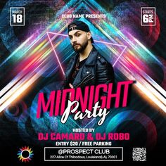 the flyer for midnight party featuring dj camar and dj robo