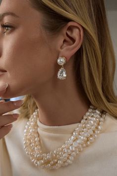 Kenneth Jay Lane Pearl & Clear Crystal Teardrop Pierced Earring Product Details: Dimensions: 1.5" in Length Style: Pierced Earring Designer: Kenneth Jay Lane Pear-shaped Pearl Drop Jewelry, Kenneth Jay Lane, Designer Earrings, Earings Piercings, Clear Crystal, Jay, Crystals